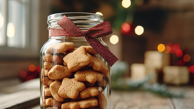 Glass jar of pastries decorated with red ribbon with snow pattern