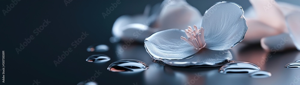 Poster graceful liquid chrome petals hover above a matte black surface, reflecting moody light and creating