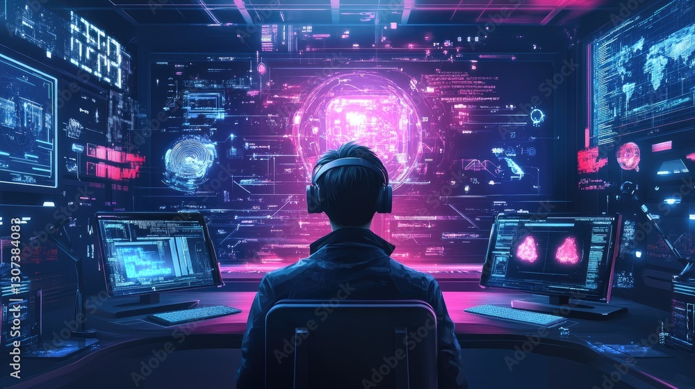 Aufkleber a futuristic ai expert oversees a high-tech command center filled with glowing holographic data stre