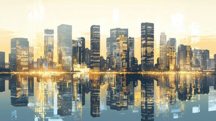 Fototapeta premium City skyline reflected in calm water at sunset. (1)