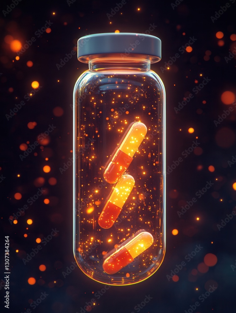 Leinwandbilder Futuristic transparent pill bottle with glowing capsules in cyberpunk design showcasing high tech aesthetics and composition Generative AI