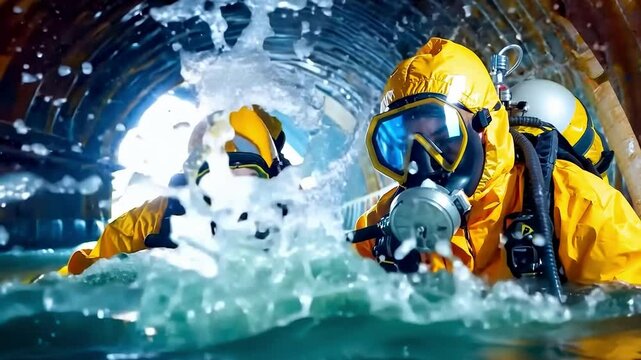 Two divers in yellow diving suits and gas masks in a tunnel