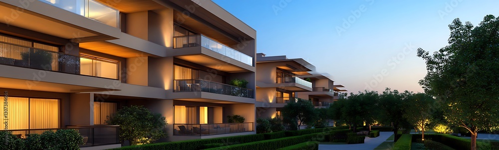 Poster high-end residential complex illuminated with warm lighting, showcasing modern architecture.