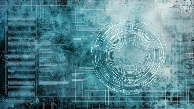 Futuristic digital interface with a circular HUD design, abstract data elements, and a grunge blue background. High-tech concept
