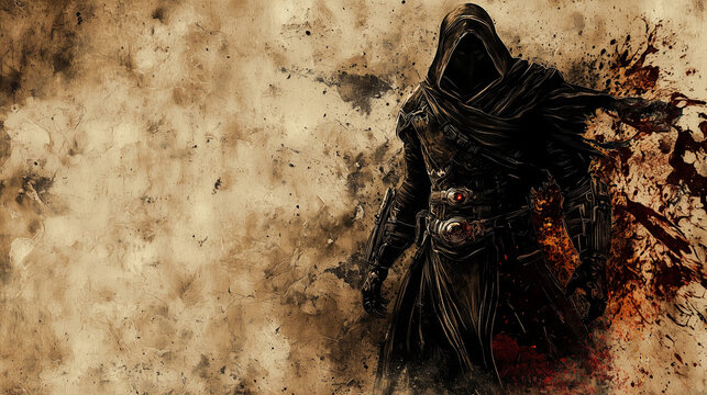 Dark hooded assassin in a fantasy setting, standing against a grunge textured background with blood splatters and mystery