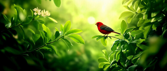 Vibrant scarlet bird perched among green leaves nature scene close-up