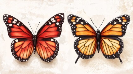 Obraz premium Two lively monarch butterflies, featuring black outlines and orange and black wings, are set against a white background