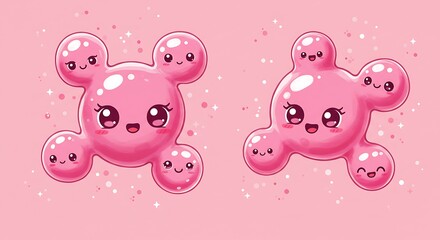 Adorable Watercolor Illustration of Two Happy Pink Molecular Structures.
