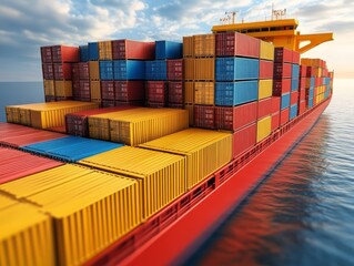 Fototapeta premium Cargo Ship at Sea: A Vibrant Perspective on Global Trade and Logistics Under a Calm Sky with Colorful Shipping Containers.