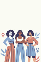 Women's Day. March 8. Feminism. Different women stand together in a protest pose, fighting for gender equality and women's empowerment. Vector flat banner, suitable for women's projects