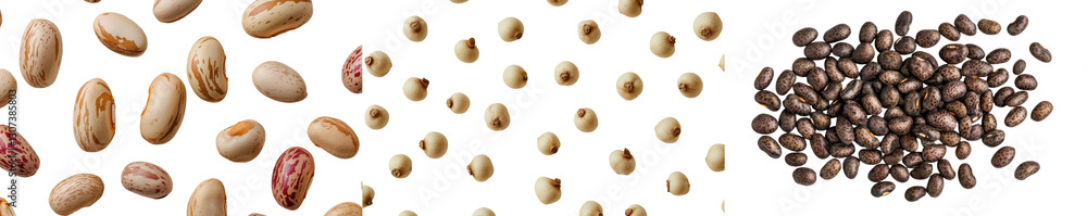 Poster isolated on white, a selection of colorful beans is viewed from the top