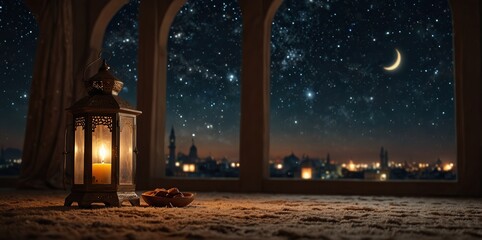 Ramadan Kareem Wallpaper, Islamic Lantern with a Candle, Arabic Traditional Template, using generative ai