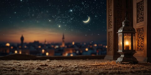 Ramadan Kareem Template, Islamic Lantern with a Candle, Arabic Traditional Wallpaper, using generative ai