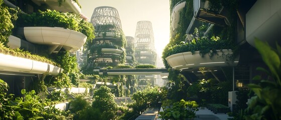 Futuristic eco city vertical farm integrated into every skyscraper cascading greenery ultra detailed modern architecture cinematic color grading high fidelity lighting photorealistic depth