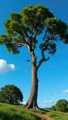 Tree with gnarled branches against a clear blue sky, trees, landscape, sky