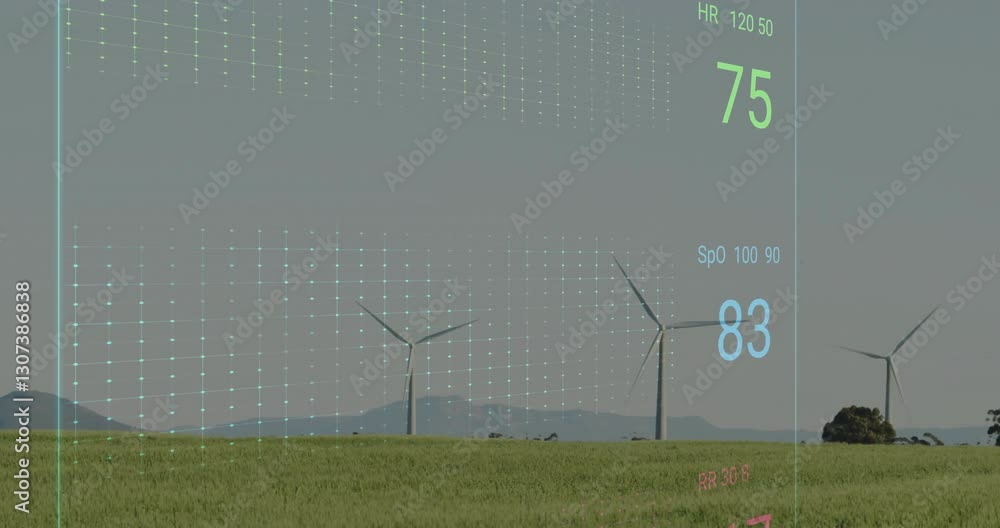 Poster wind turbines in field with digital health data overlay animation