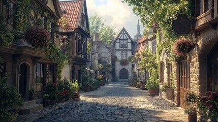 Obraz premium A picturesque cobblestone street lined with charming houses, lush greenery, and vibrant flowers, creating a serene and inviting atmosphere.