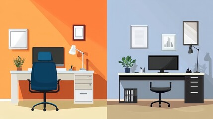 Fototapeta premium Contrasting workspaces creative cartoon illustration office setups side by side