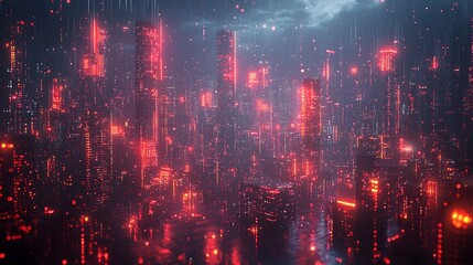 Obraz premium Futuristic Cityscape at Night with Glowing Red Lights and Rain