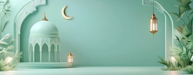 Ornamental Arabic lantern with crescent moon - Ramadan Kareem