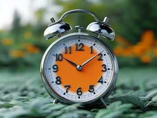 Vintage Alarm Clock in Nature: Time's Gentle Reminder Amidst Lush Foliage and Soft Daylight, a Timeless Moment Captured in Tranquil Serenity.