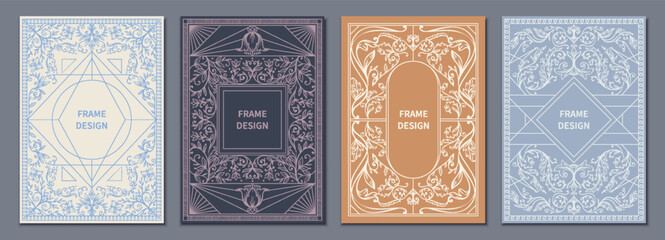 Floral frame. Ornament pattern for cover, antique border or old retro card. Elegant luxury letter template. Vertical premium posters. Wedding invitations. Copy space for text. Vector design