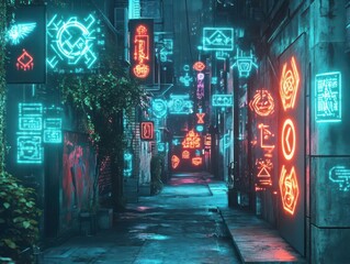 Create a moody alley featuring glowing graffiti, mysterious symbols, and cyber-noir elements