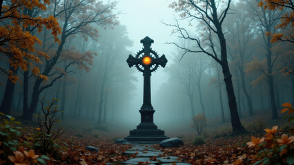 Amidst a misty autumn forest, an illuminated Christian cross stands as a focal point, with trees adorned with fall leaves surrounding it.