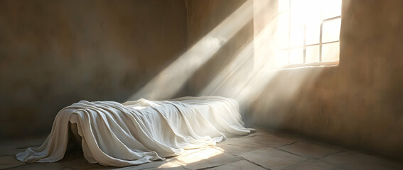 Linen of Jesus Christ in empty tomb with soft light shining from above