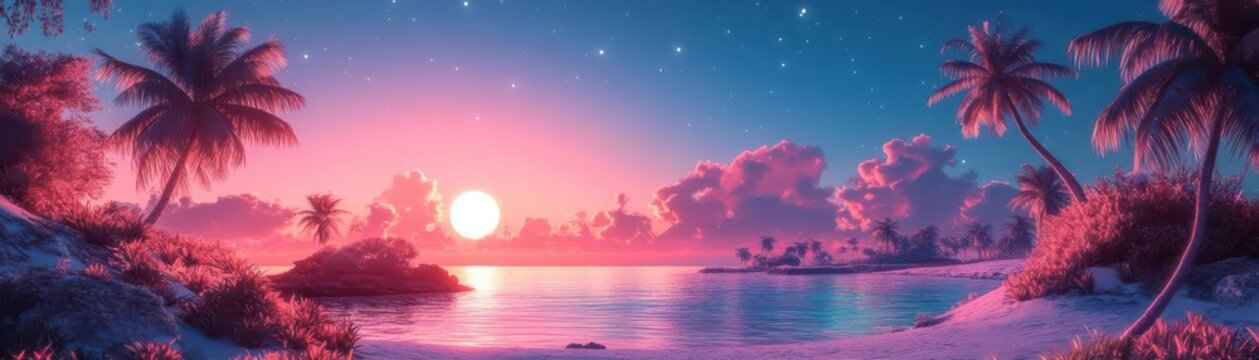 Create a nostalgic 80s-style vaporwave landscape