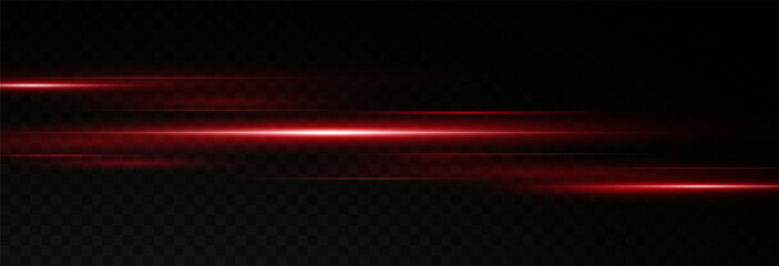 Vector illustration of red color, abstract laser speed lines. Glare, horizontal light rays png. Glowing linear background.	
