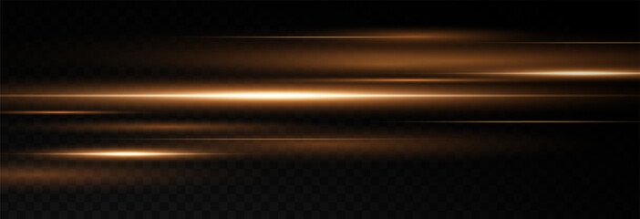Fototapeta premium Vector illustration of gold color, abstract laser speed lines. Glare, horizontal light rays png. Glowing linear background.