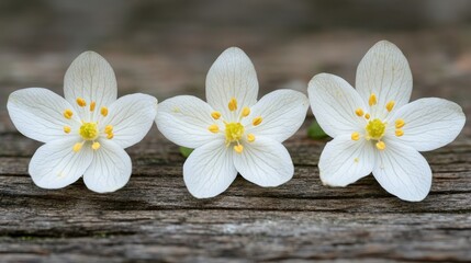 Obraz premium White anemone flowers, three in number, rest on a wooden backdrop with a blurred background, emphasizing the natural elegance of floral design