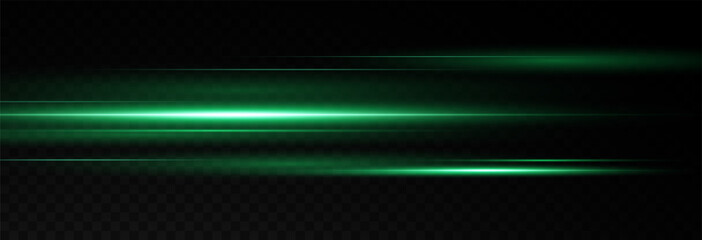 Vector illustration of green color, abstract laser speed lines. Glare, horizontal light rays png. Glowing linear background.