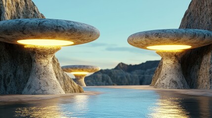 Glowing Stone Mushrooms in Futuristic Desert Landscape