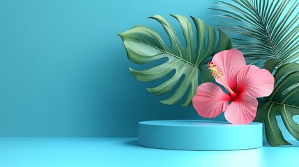 A display of tropical flowers on a teal podium with a green background