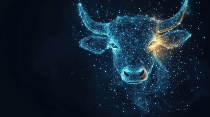 Abstract bull graphic, digital art,  dark background, network lines
