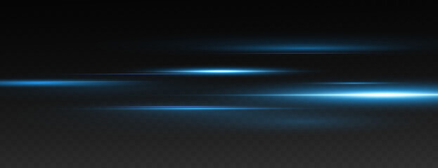 Vector illustration of blue color, abstract laser speed lines. Glare, horizontal light rays png. Glowing linear background. 