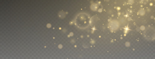 Bokeh light effect background, christmas gold dust, festive glitter dust for banners, cards, advertisement. Christmas glowing dust background png, vector.