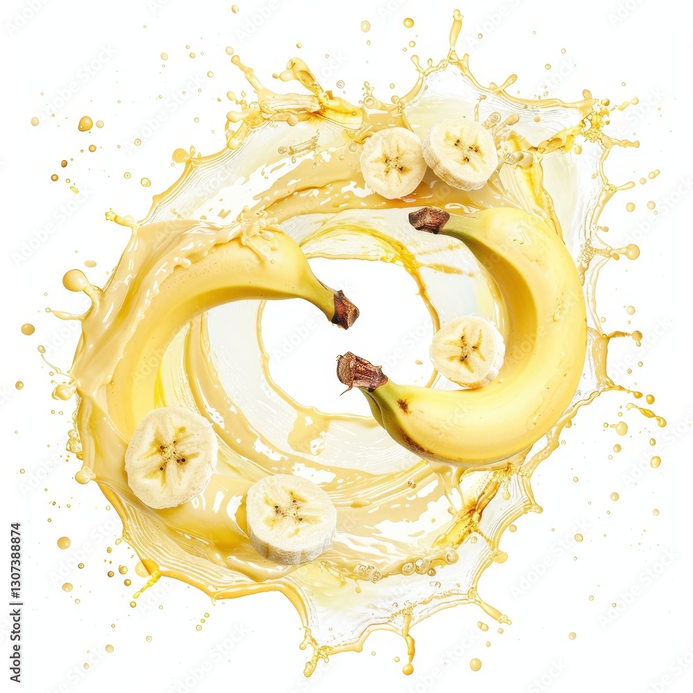 Poster vibrant circular splash of banana smoothie with sliced banana elements and dynamic fluid motion