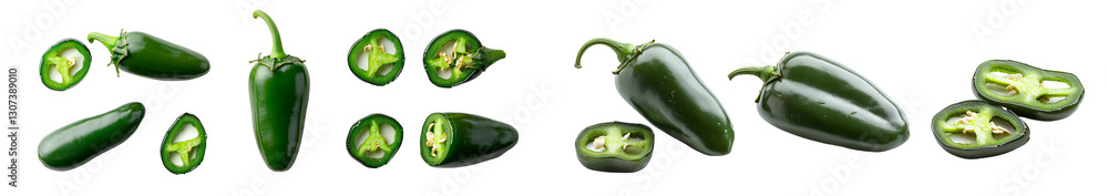 Poster organic green food design elements featuring a collection of whole, half, and sliced jalapenos or ch