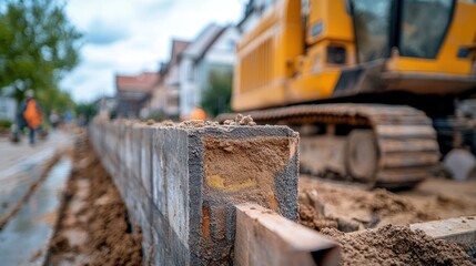 Fototapeta premium Close-up of bricklaying during road construction.