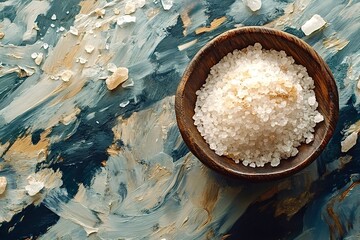 Himalayan pink salt crystals in wooden bowl on artistic surface