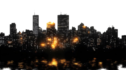 Cityscape Reflects in Water at Night, Isolated on White Background