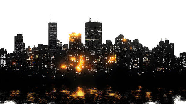 Fototapeta Cityscape Reflects in Water at Night, Isolated on White Background