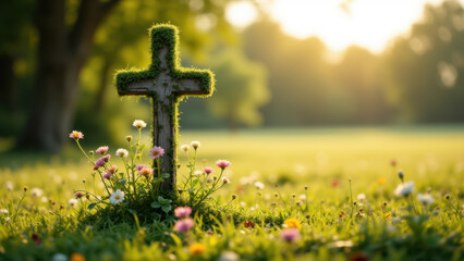 A wooden cross surrounded by blooming flowers, symbolizing Christian faith and resurrection.