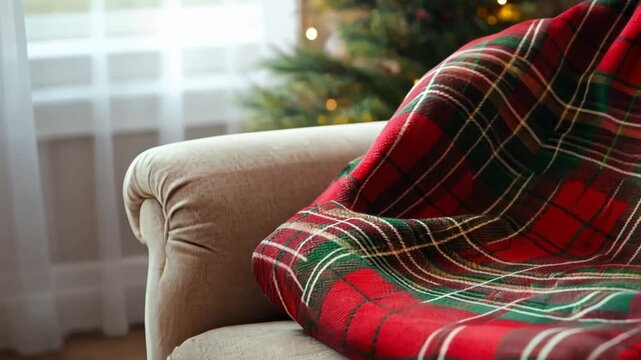 A red and green plaid flannel blanket folded over a soft fabric sofa
