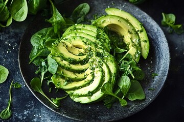 Obraz premium Sliced avocado with baby spinach, salt and herbs on dark plate