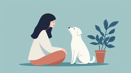 Woman and White Dog in Pixel Art Style Illustration