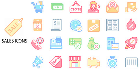 Sales simple concept 24 colour icons set. Contains such  online, media, market, service, customer .Vector illustration.